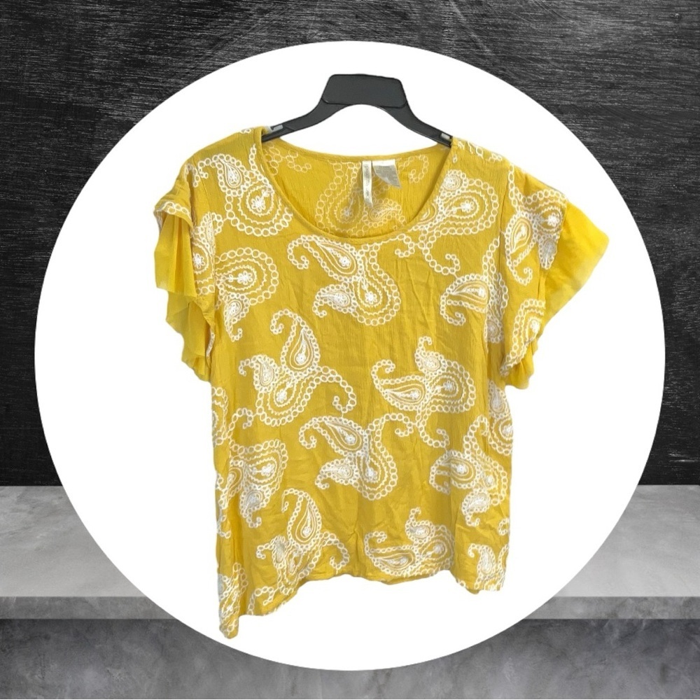 Forgotten Grace Gold Yellow w White Crocheted Paisleys Shirt Women 1X